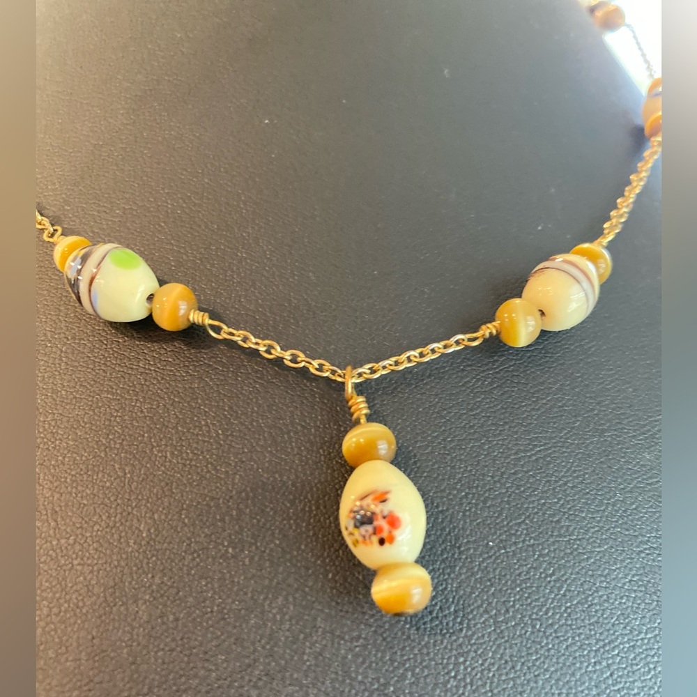 Glass Beaded Necklace Hand Painted Wrapped Gold Toned Chain 18” Vintage
